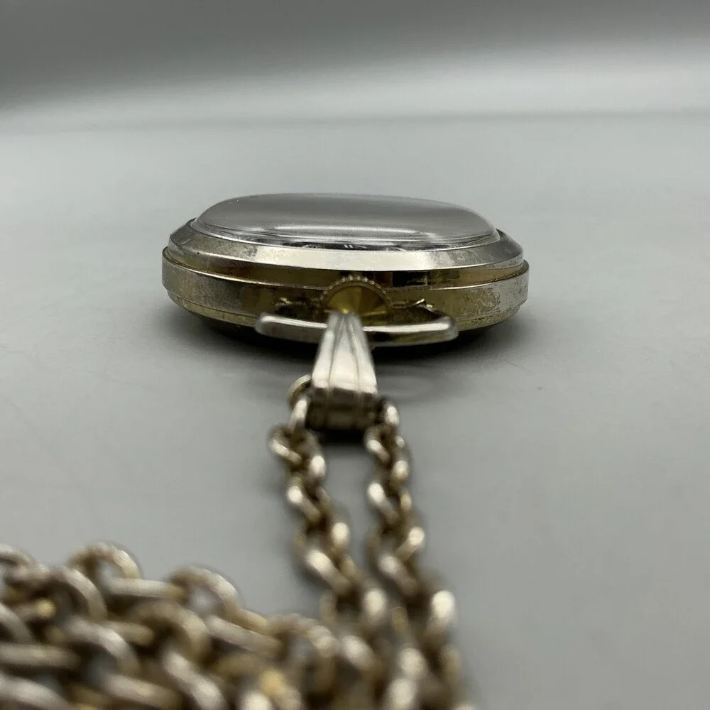 Vintage Benetton Pocket Watch Men 34mm Silver Tone Black Dial Manual Wind Chain